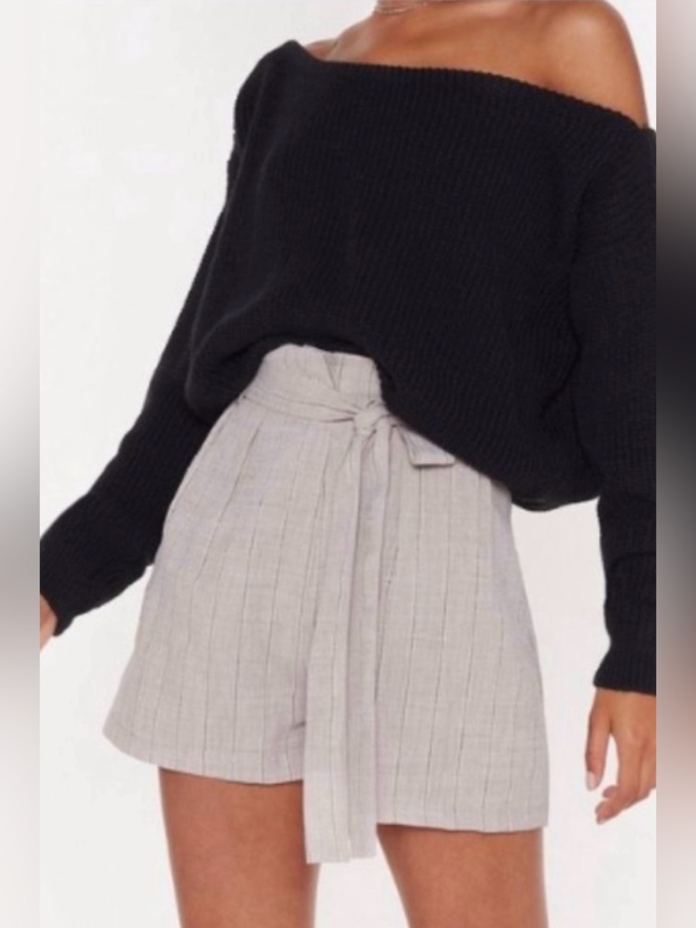 NWT Nasty Gal Gray Striped High-Waisted Linen Feel Shorts / Small (4)